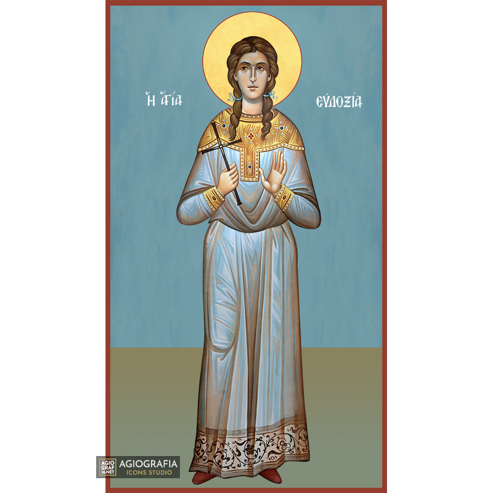 St Evdoxia Greek Orthodox Icon on Wood with Blue Background