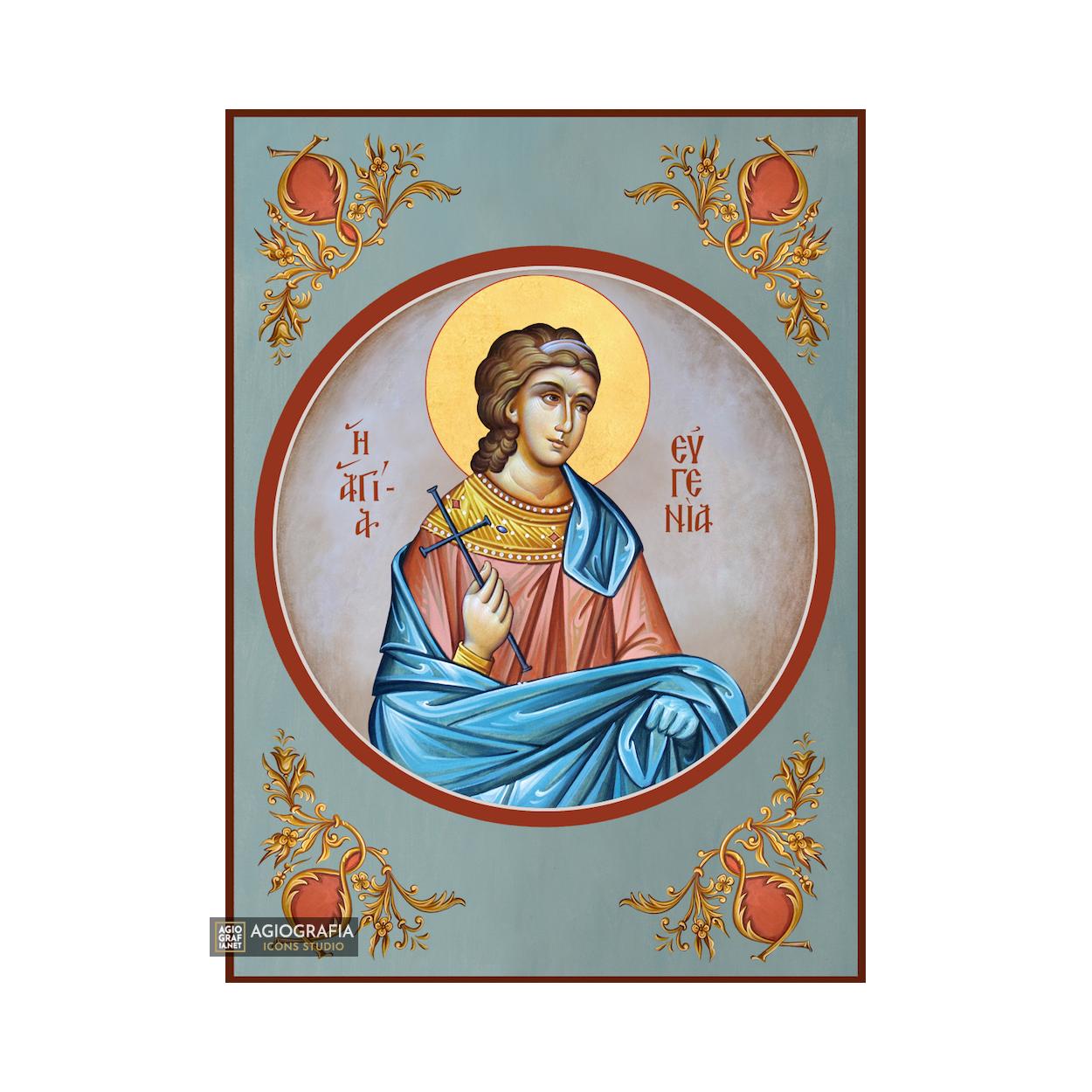 St Evgenia Greek Orthodox Icon with Blue Background