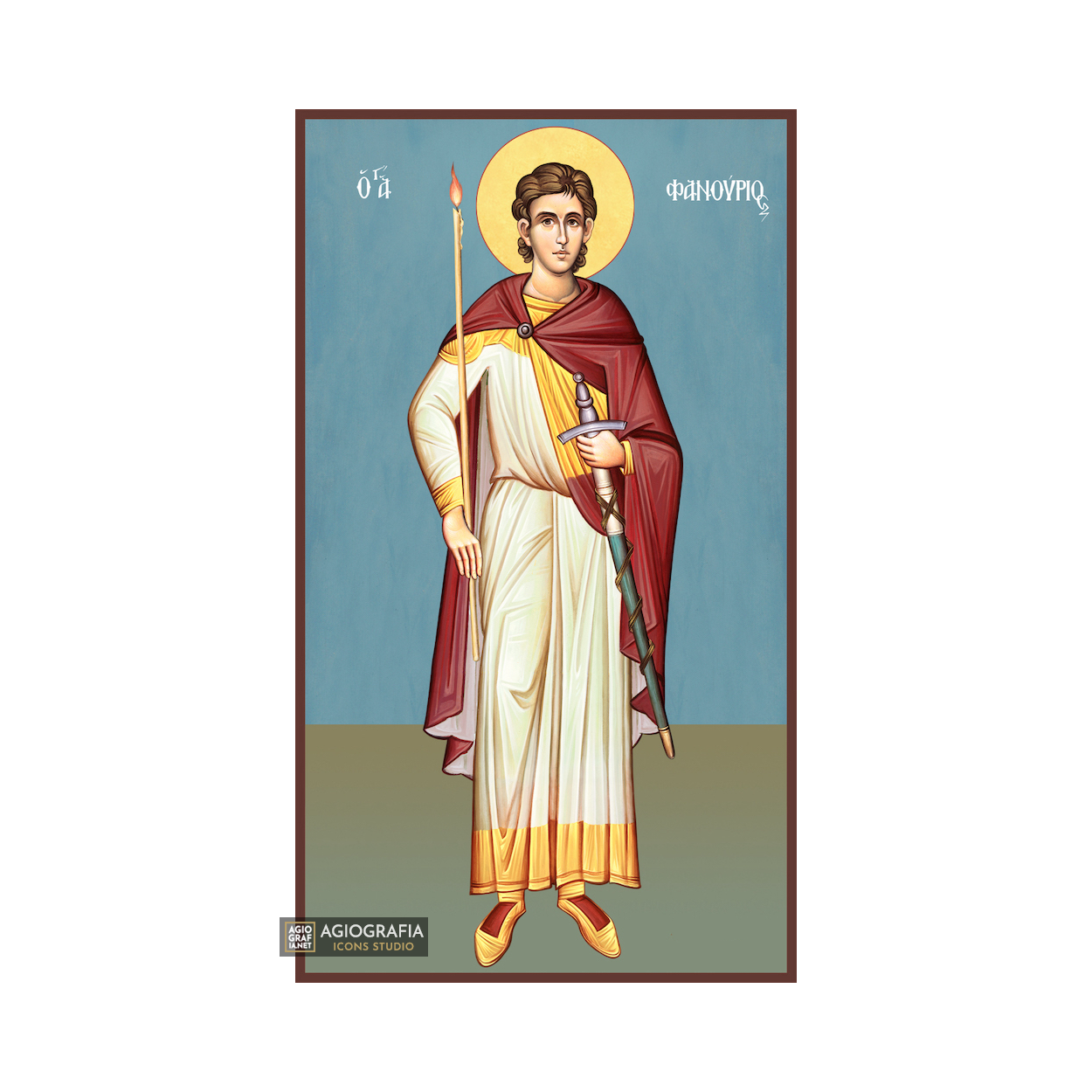 St Fanourios Greek Orthodox Wood Icon with Blue Background