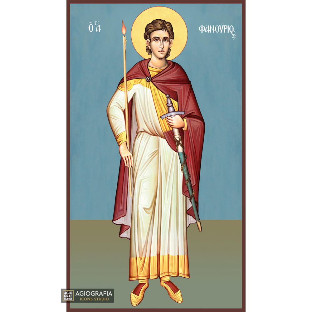 St Fanourios Greek Orthodox Wood Icon with Blue Background