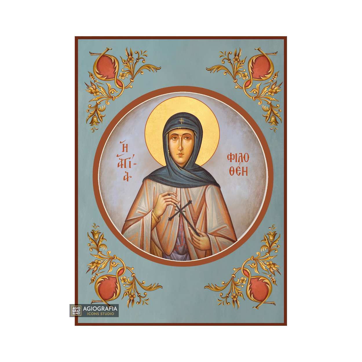 St Filothei Christian Orthodox Icon with Blue Background
