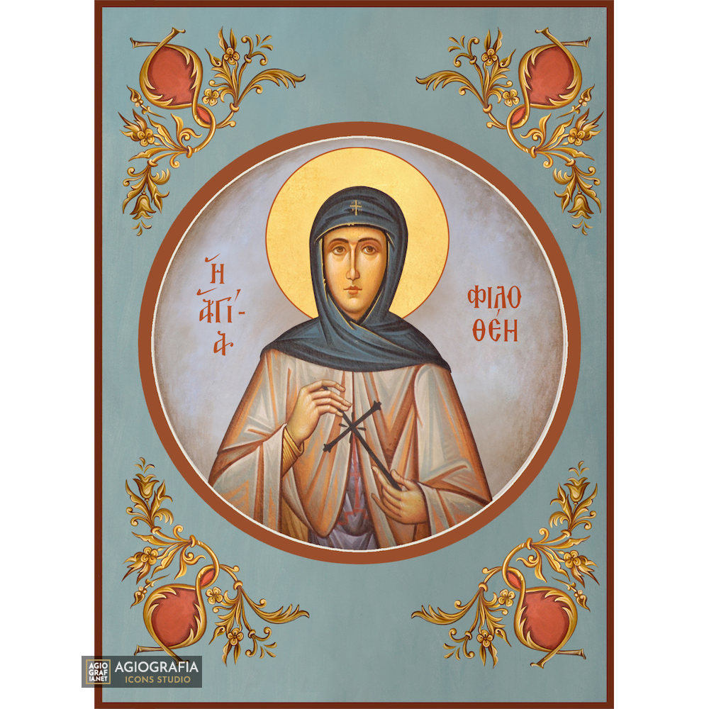 St Filothei Christian Orthodox Icon with Blue Background