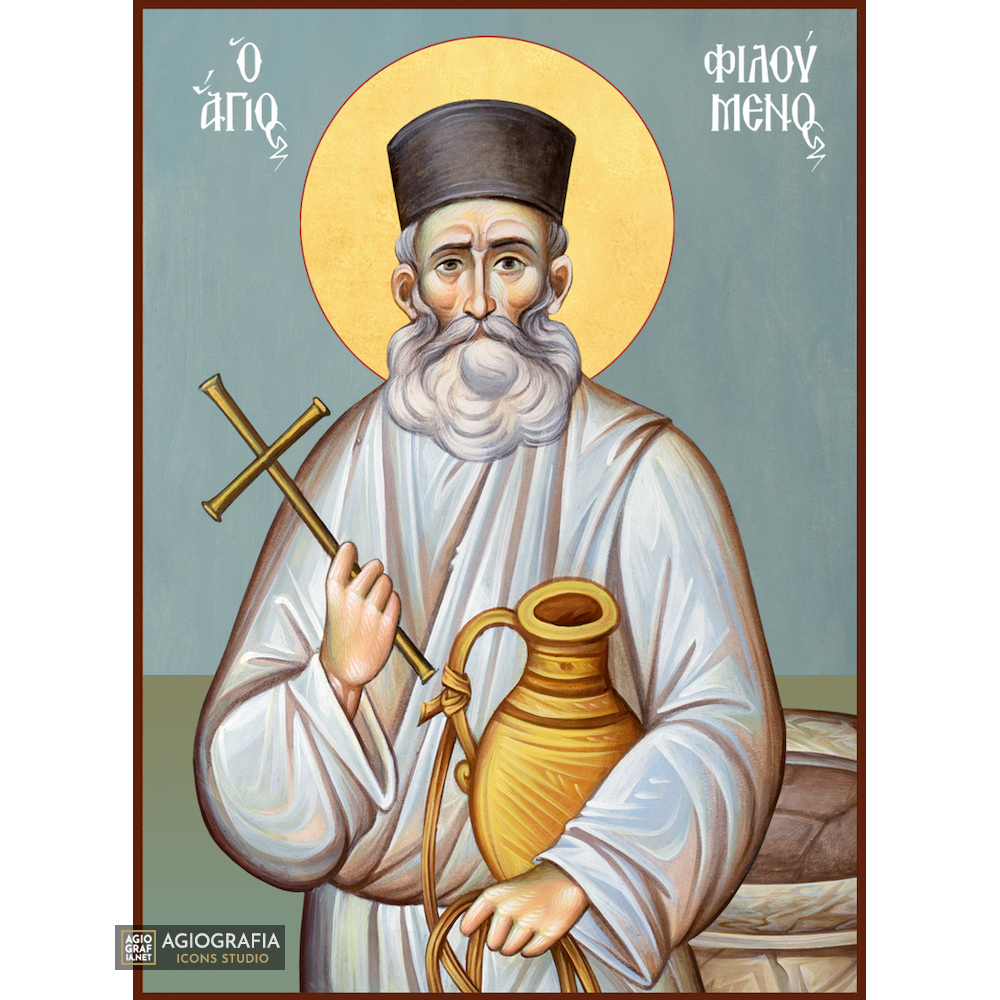 St Filoumenos Christian Byzantine Icon with Blue Background