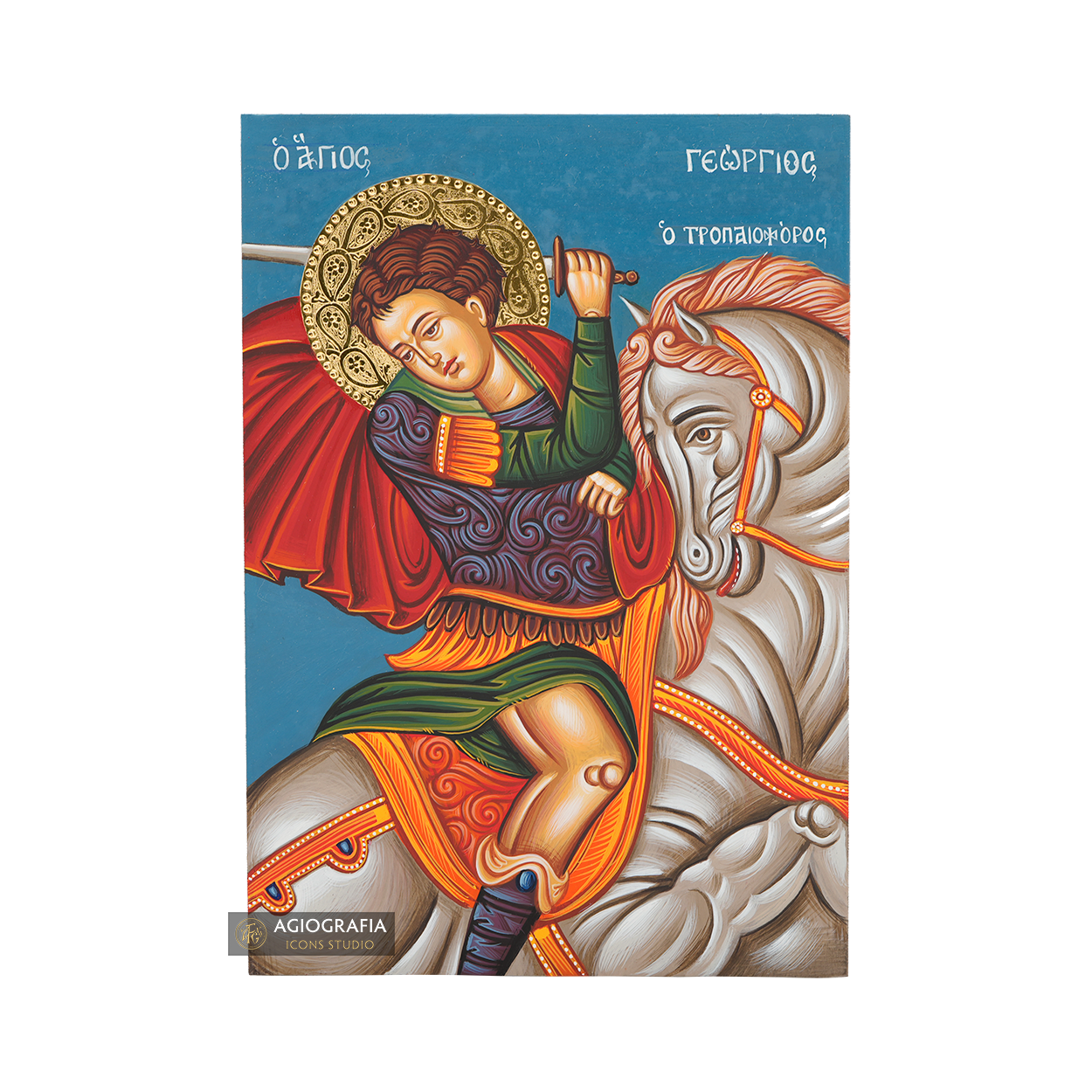 Saint George Handwritten Icon with 24k Polished Engraved Halo