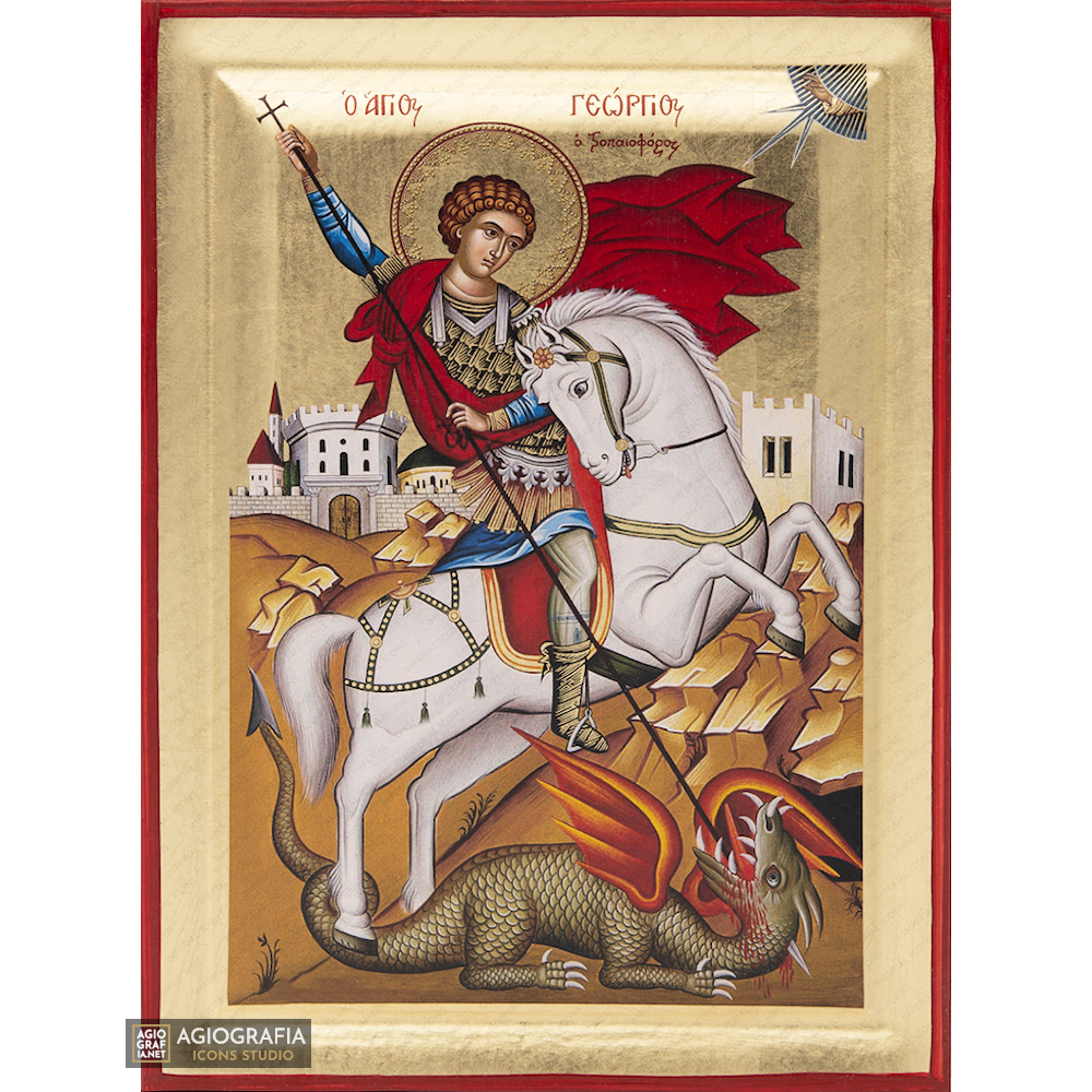 St George Greek Orthodox Christian Icon on Wood with Gold Leaf
