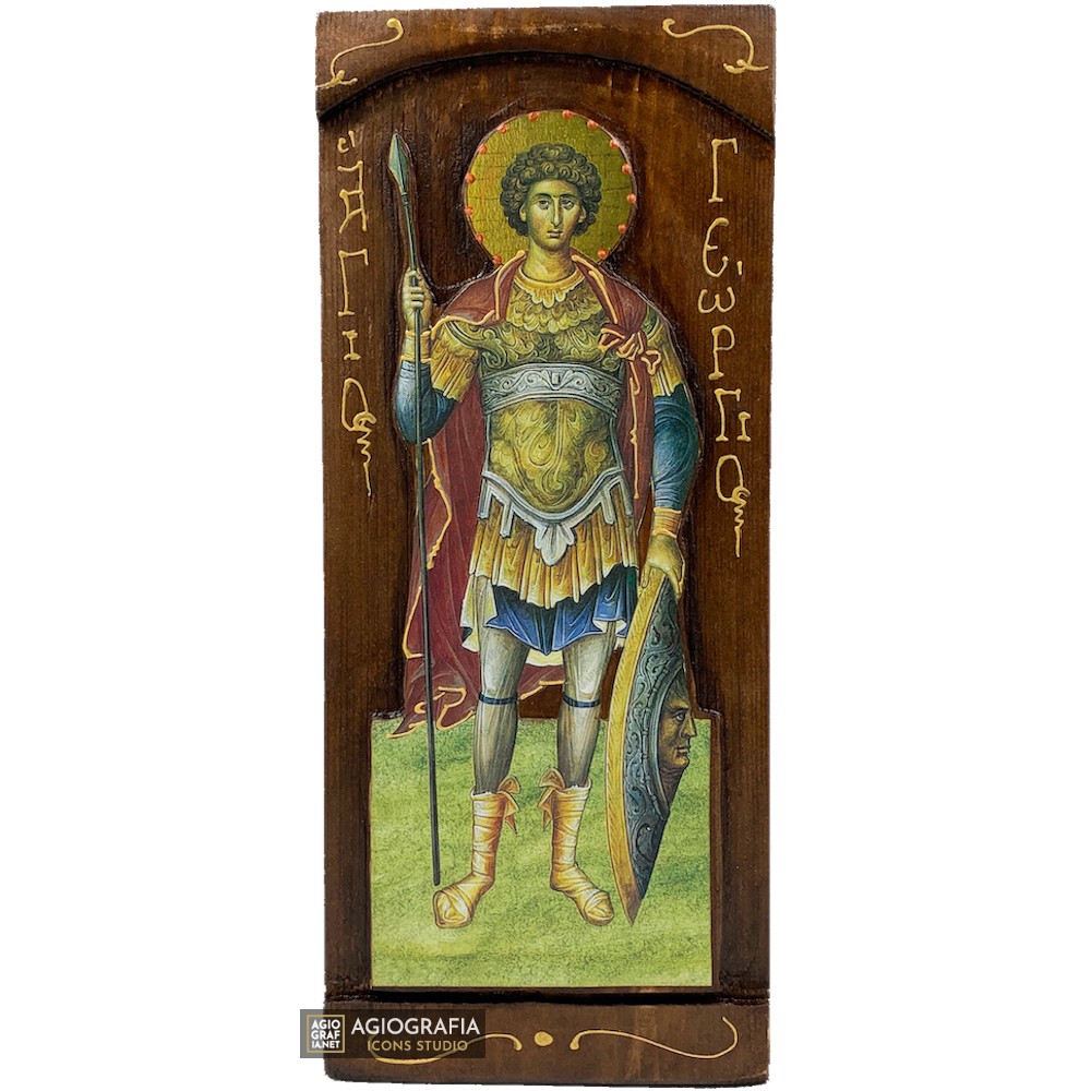 St George Byzantine Greek Gold Print Icon on Carved Wood