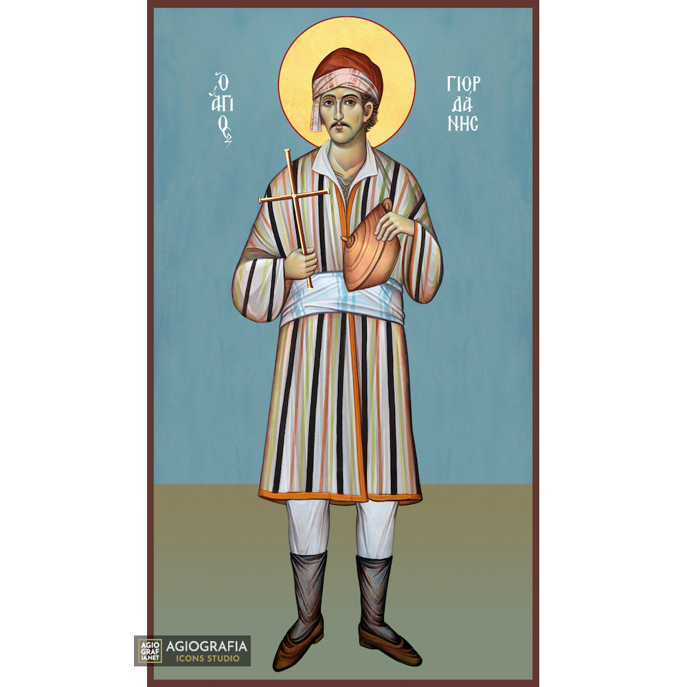 St Giordanis Greek Orthodox Icon on Wood with Blue Background