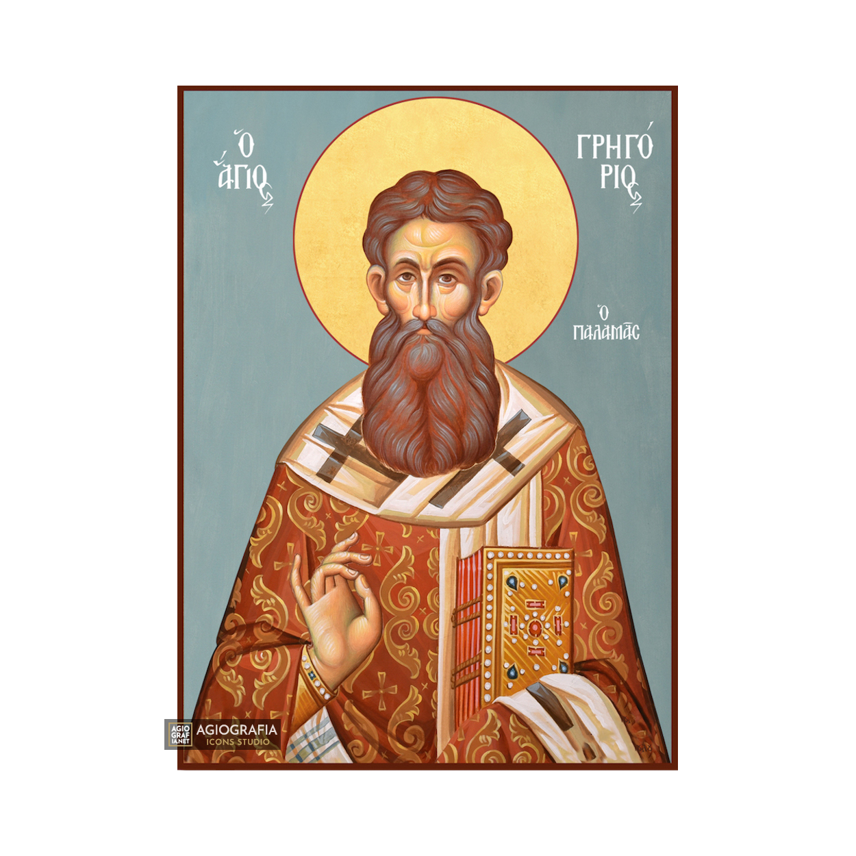 St Gregory Palamas Christian Icon with Blue Background