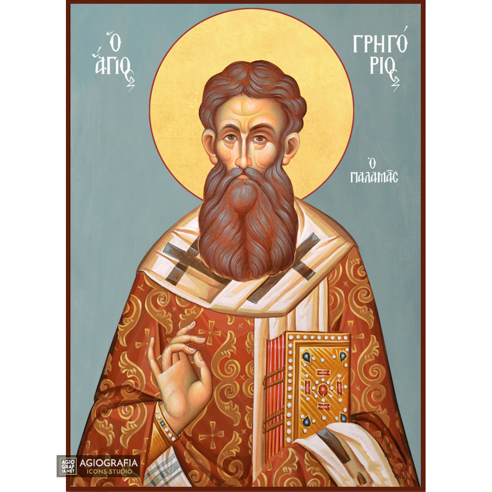 St Gregory Palamas Christian Icon with Blue Background