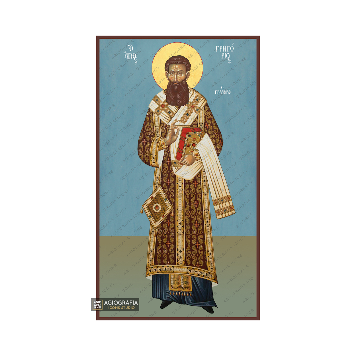 St Gregory Palamas Byzantine Greek Icon with Blue Background