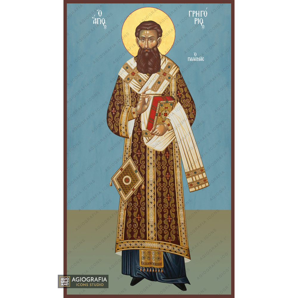 St Gregory Palamas Byzantine Greek Icon with Blue Background