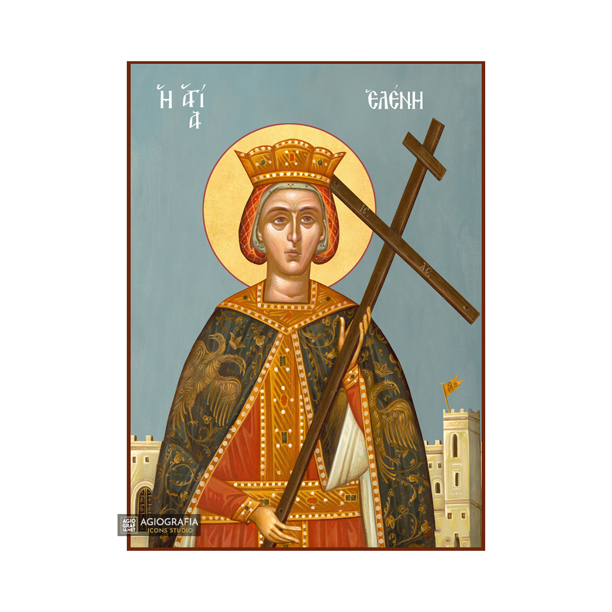St Helen Greek Byzantine Orthodox Icon with Blue Background