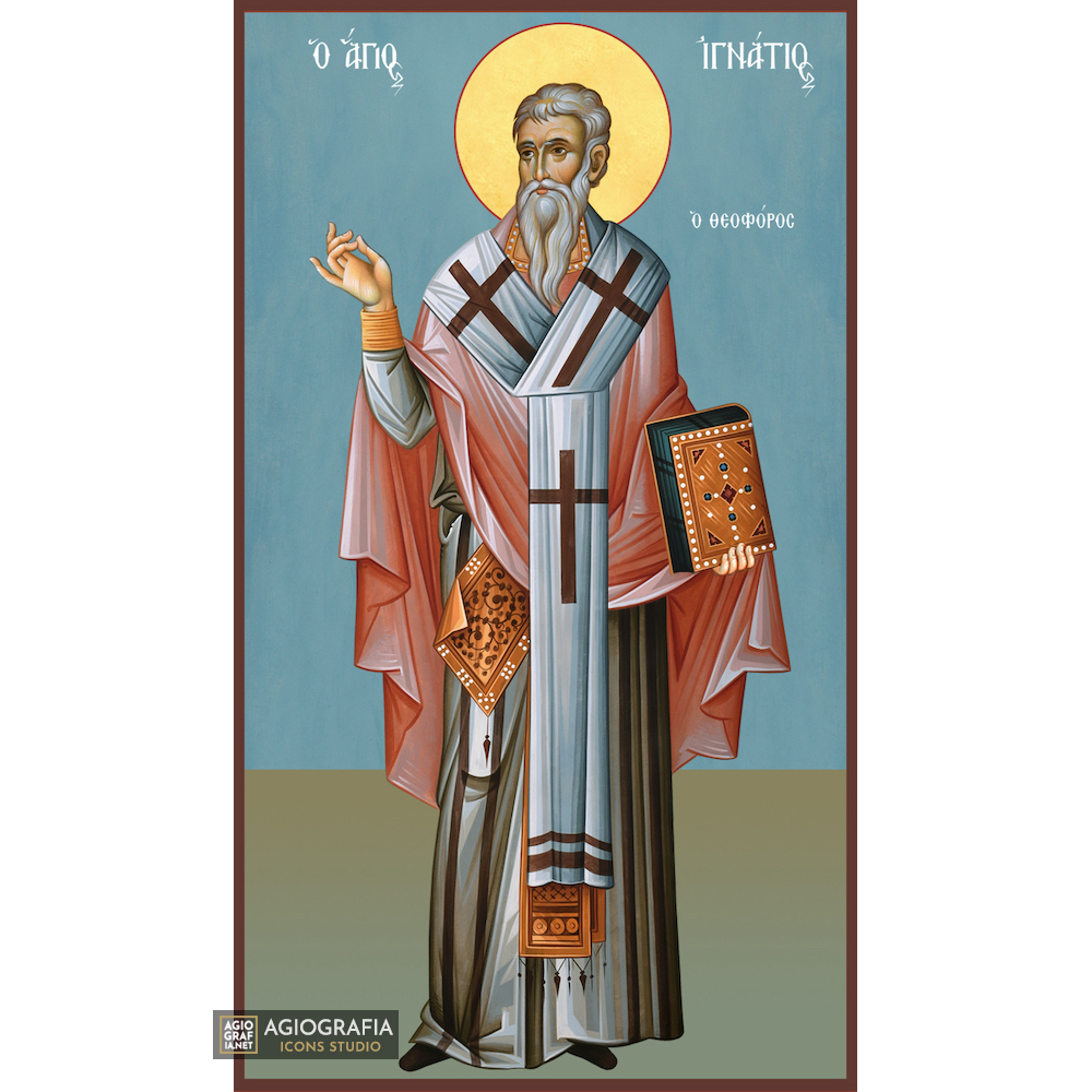 St Ignatius Greek Orthodox Wood Icon with Blue Background
