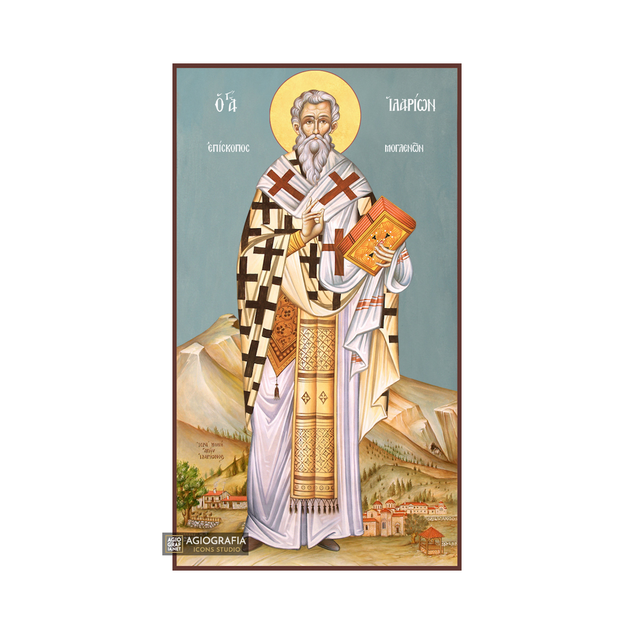 St Ilarion Greek Orthodox Wood Icon with Blue Background
