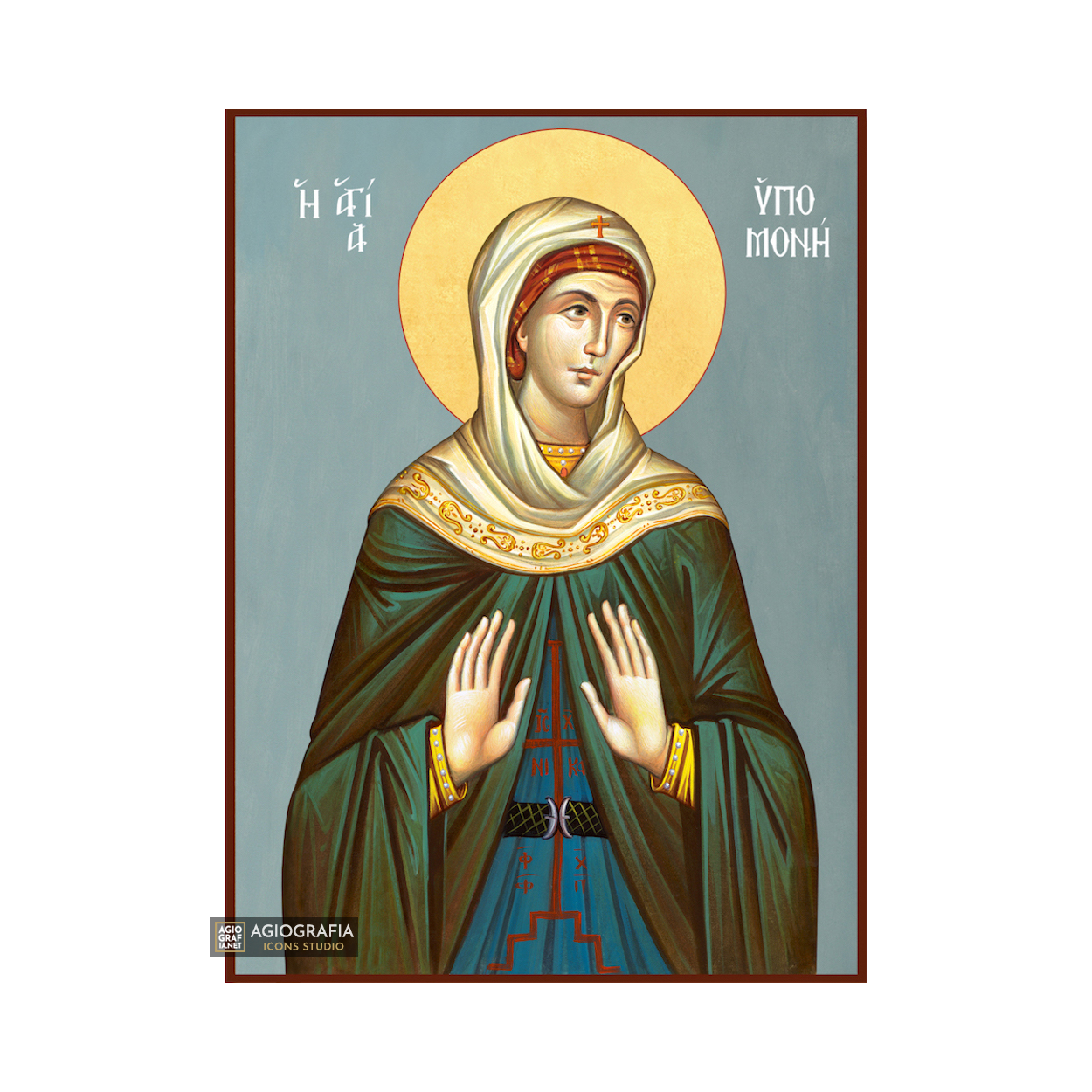St Ipomoni Greek Orthodox Icon with Blue Background