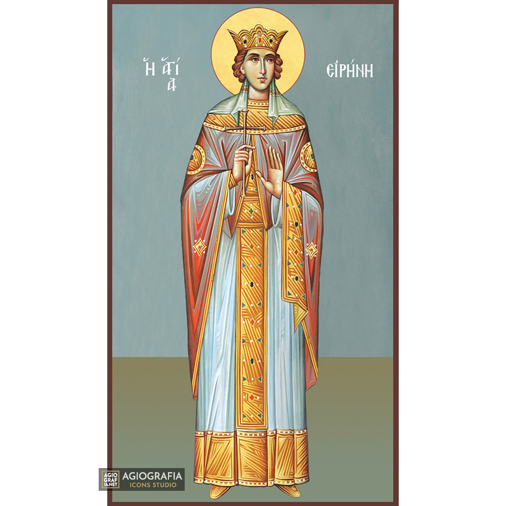 St Irene Greek Orthodox Icon on Wood with Blue Background