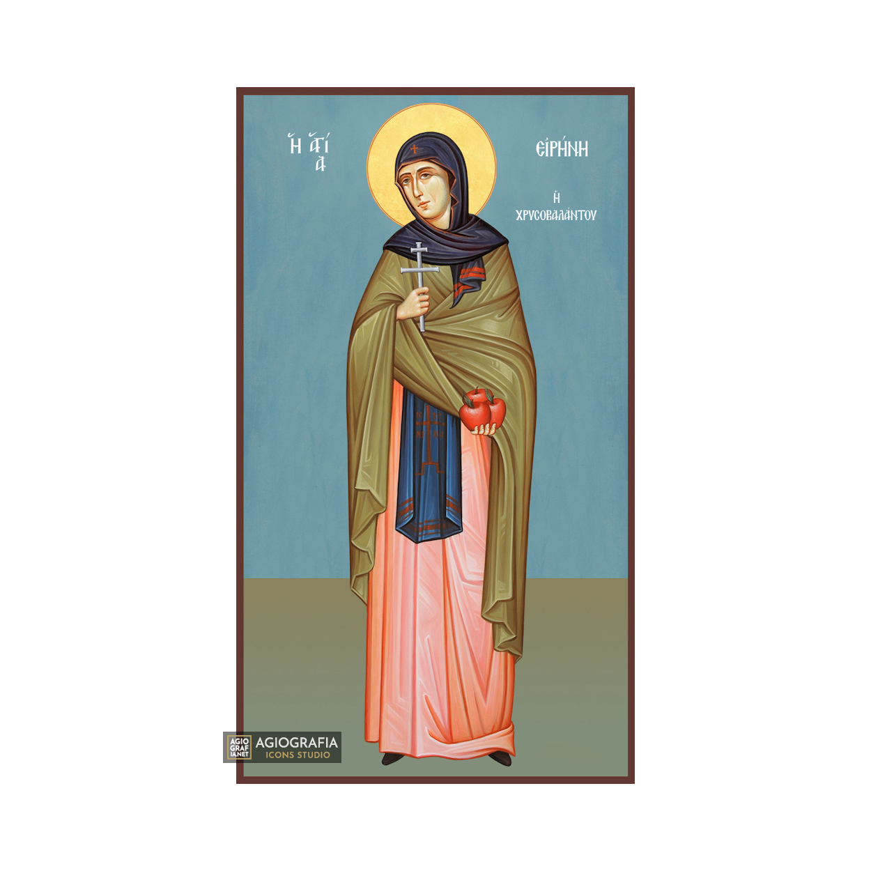 St Irene Chrisovalantou Greek Orthodox Icon with Blue Background