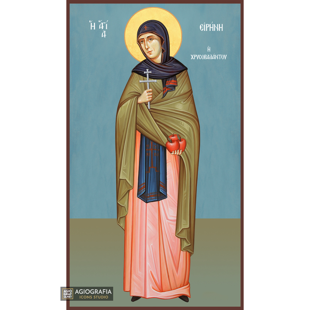 St Irene Chrisovalantou Greek Orthodox Icon with Blue Background