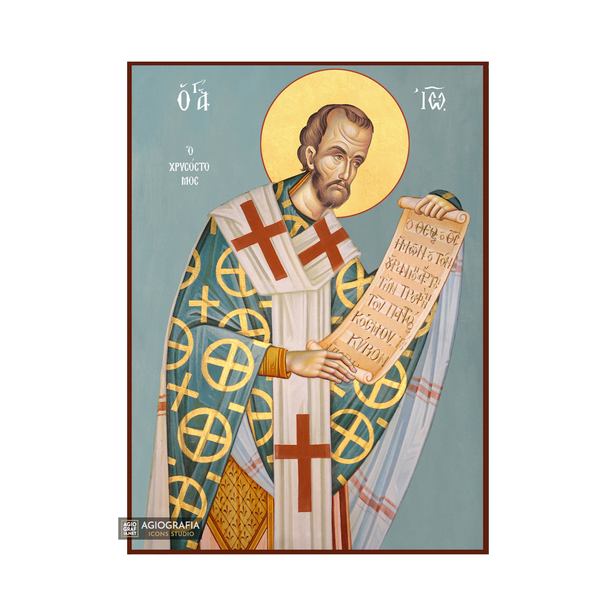 St John Chrysostom Greek Orthodox Icon with Blue Background