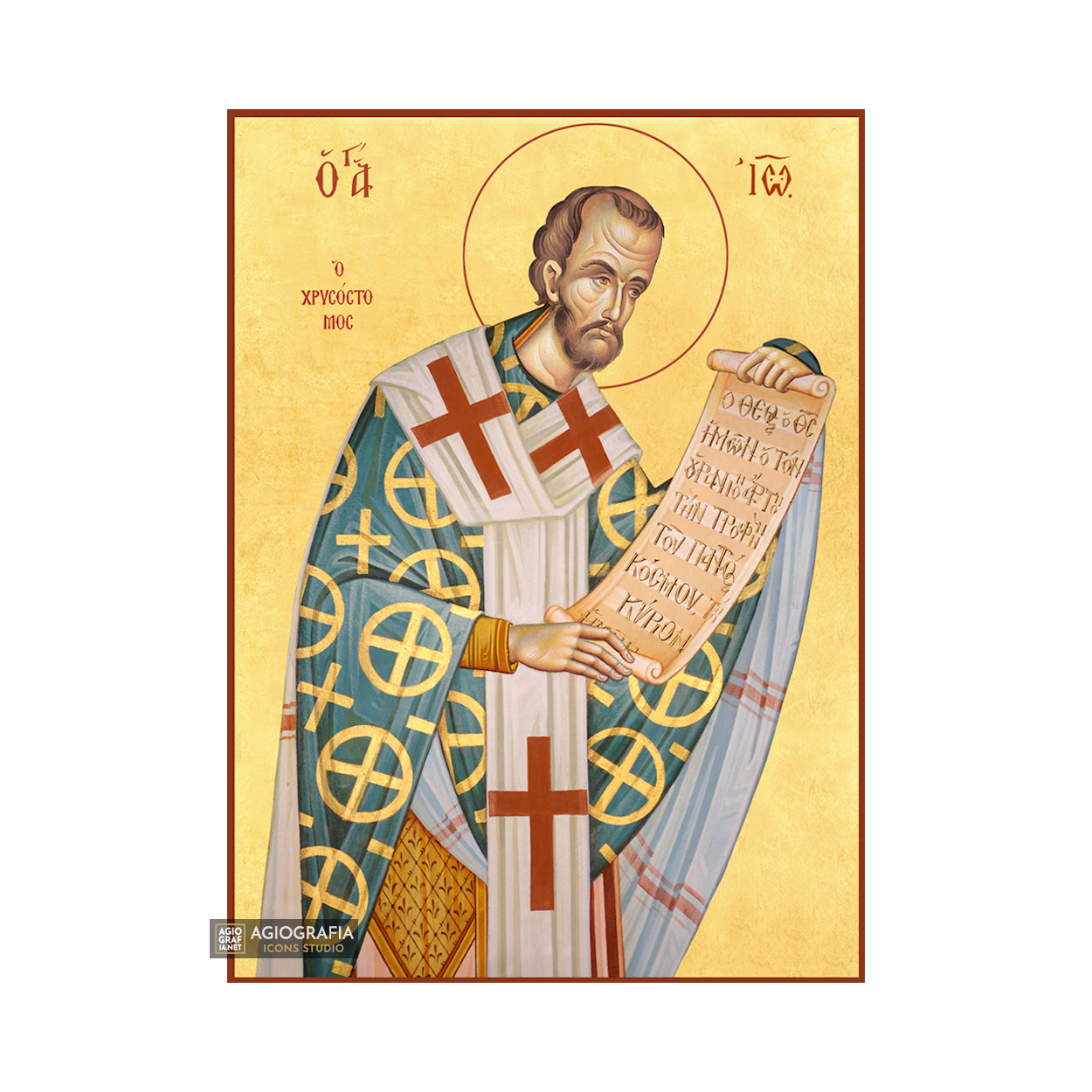 22k St John Chrysostom - Gold Leaf Background Greek Orthodox Icon