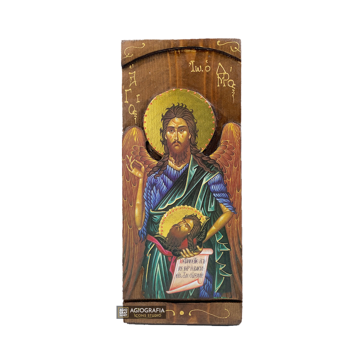St John the Forerunner Greek Gold Print Icon on Carved Wood