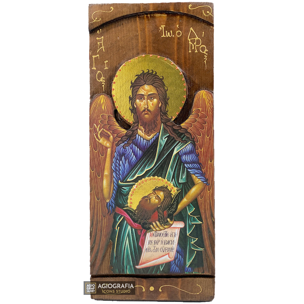 St John the Forerunner Greek Gold Print Icon on Carved Wood