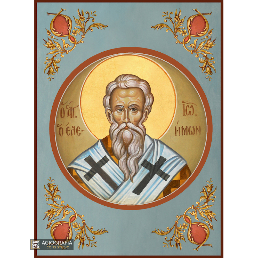 St John the Merciful Greek Orthodox Icon with Blue Background