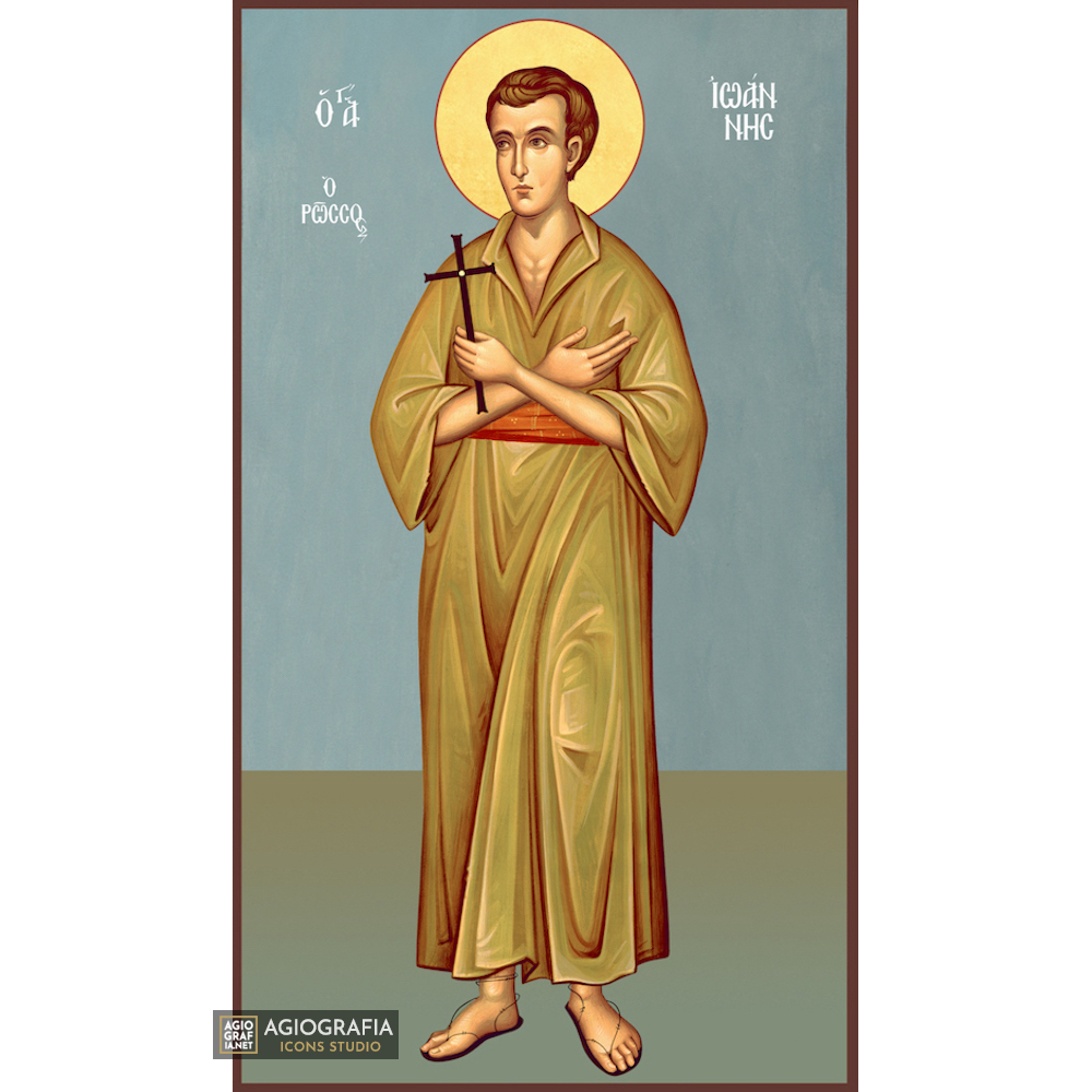 St John the Russian Orthodox Icon on Wood with Blue Background