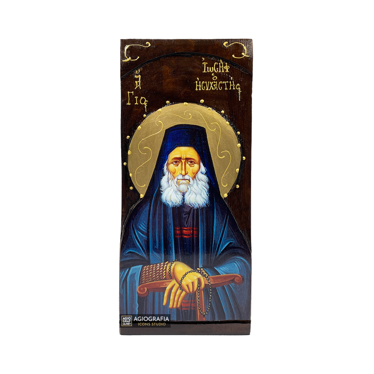 St Joseph the Hesychast Christian Gold Print Icon on Carved Wood