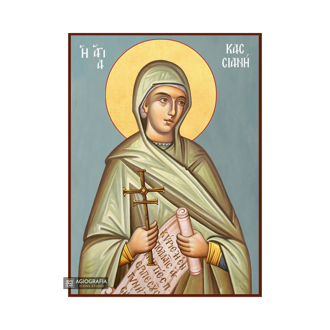 St Kassiani Greek Orthodox Icon with Blue Background