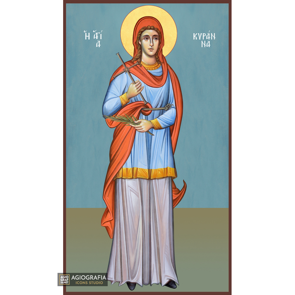 St Kiranna Greek Orthodox Icon on Wood with Blue Background