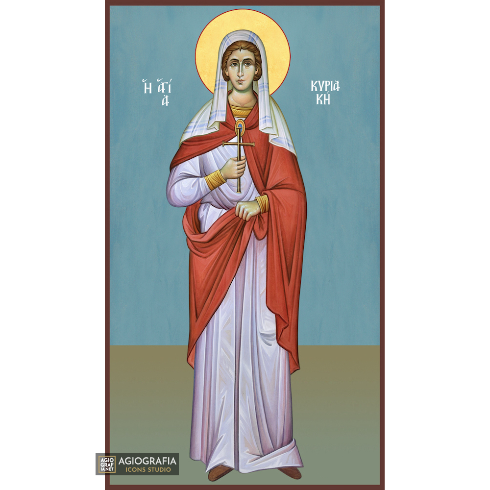 St Kiriaki Christian Orthodox Icon on Wood with Blue Background