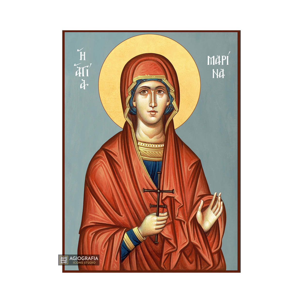 St Marina Christian Byzantine Icon with Blue Background