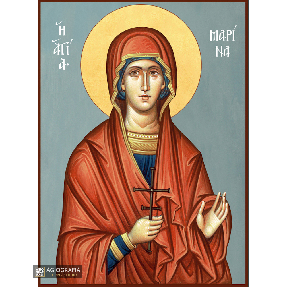 St Marina Christian Byzantine Icon with Blue Background
