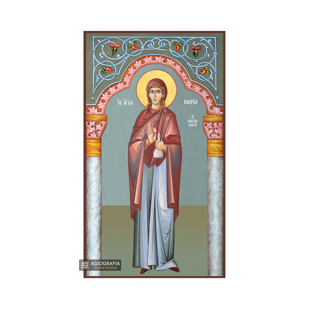 St Mary Magdalene Greek Orthodox Wood Icon with Blue Background