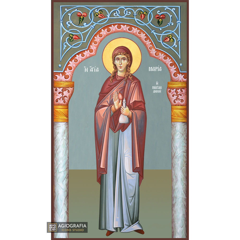 St Mary Magdalene Greek Orthodox Wood Icon with Blue Background