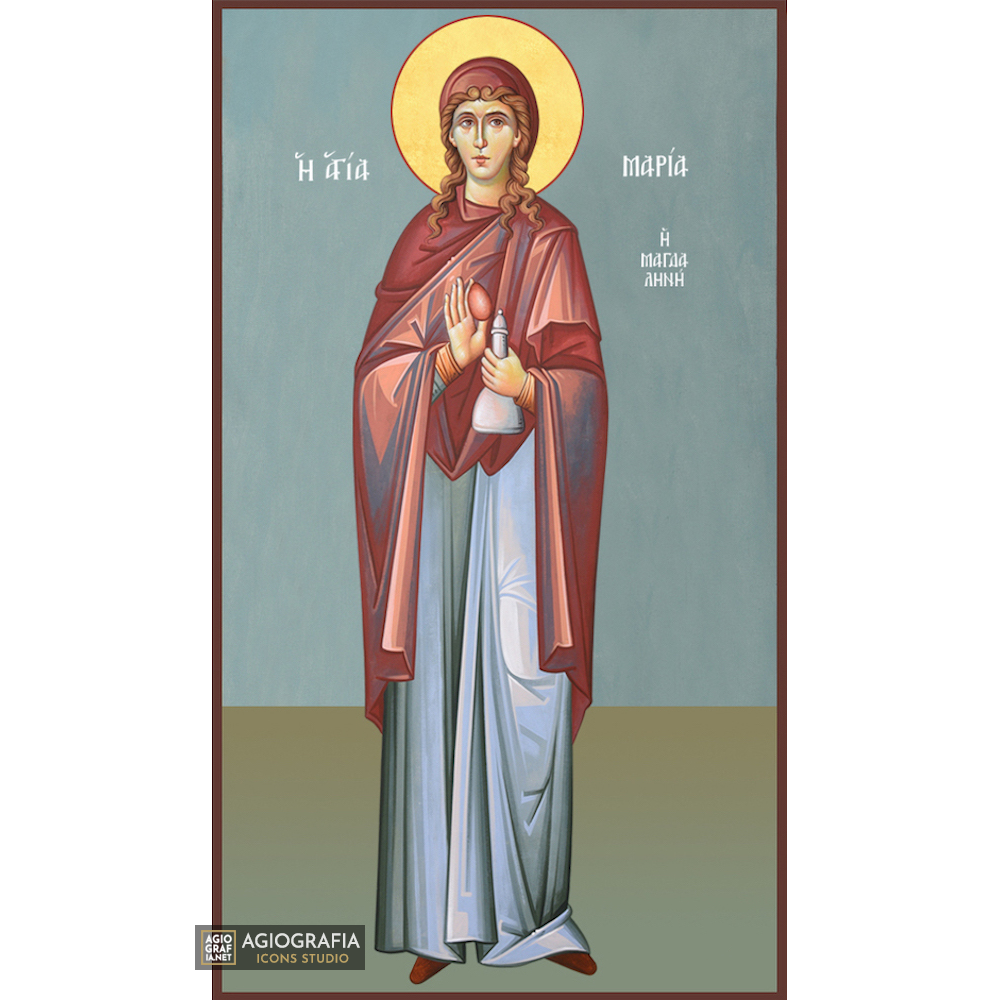 St Mary Magdalene Christian Wood Icon with Blue Background
