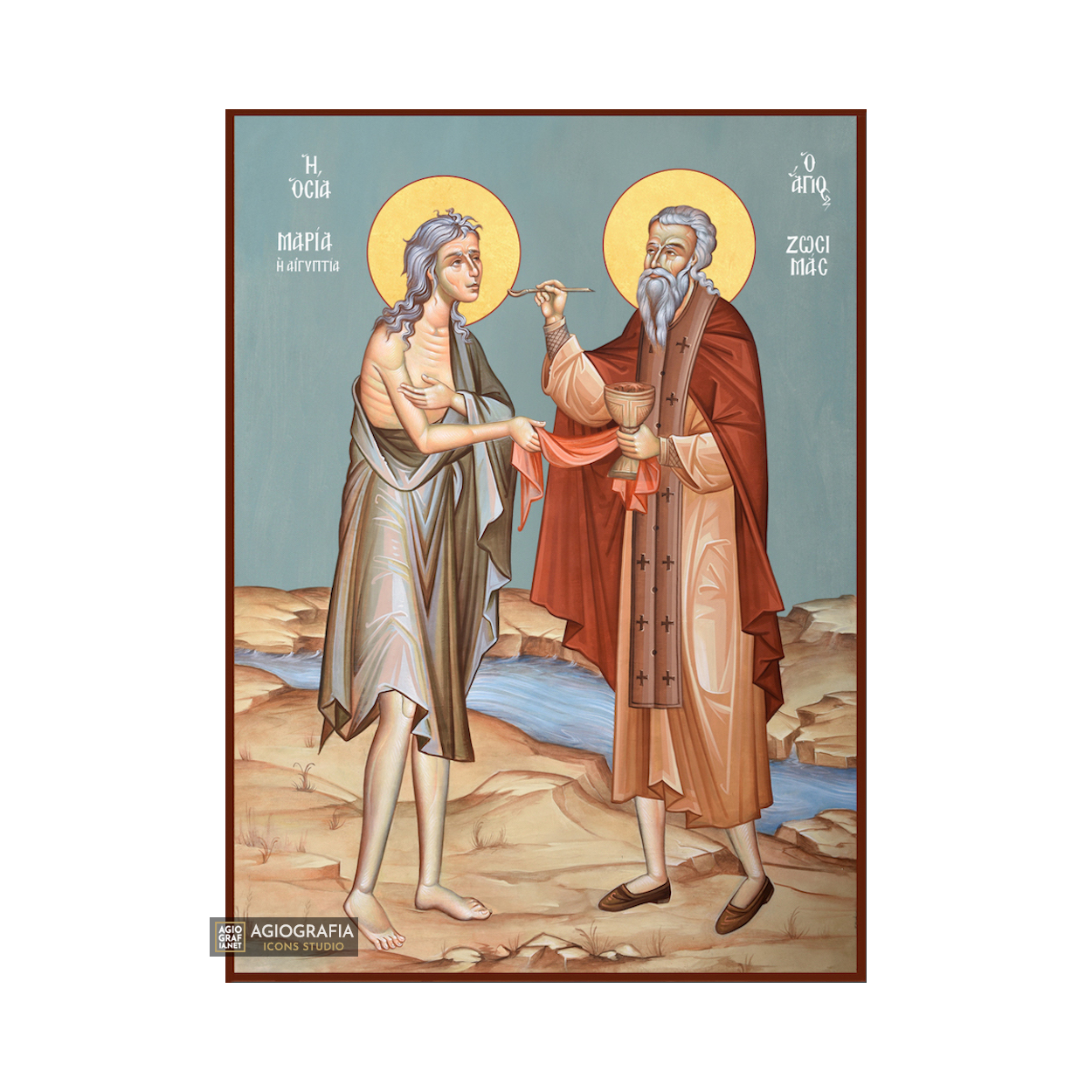 St Mary from Egypt Saint Zosimas Greek Icon on Blue Background
