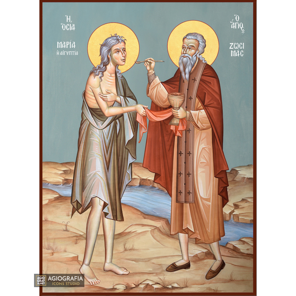 St Mary from Egypt Saint Zosimas Greek Icon on Blue Background