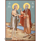 St Mary from Egypt Saint Zosimas Greek Icon on Blue Background