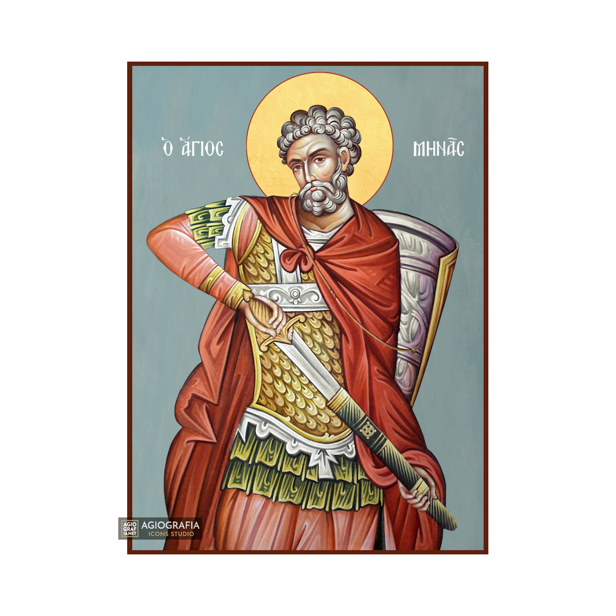 St Menas Greek Orthodox Icon with Blue Background