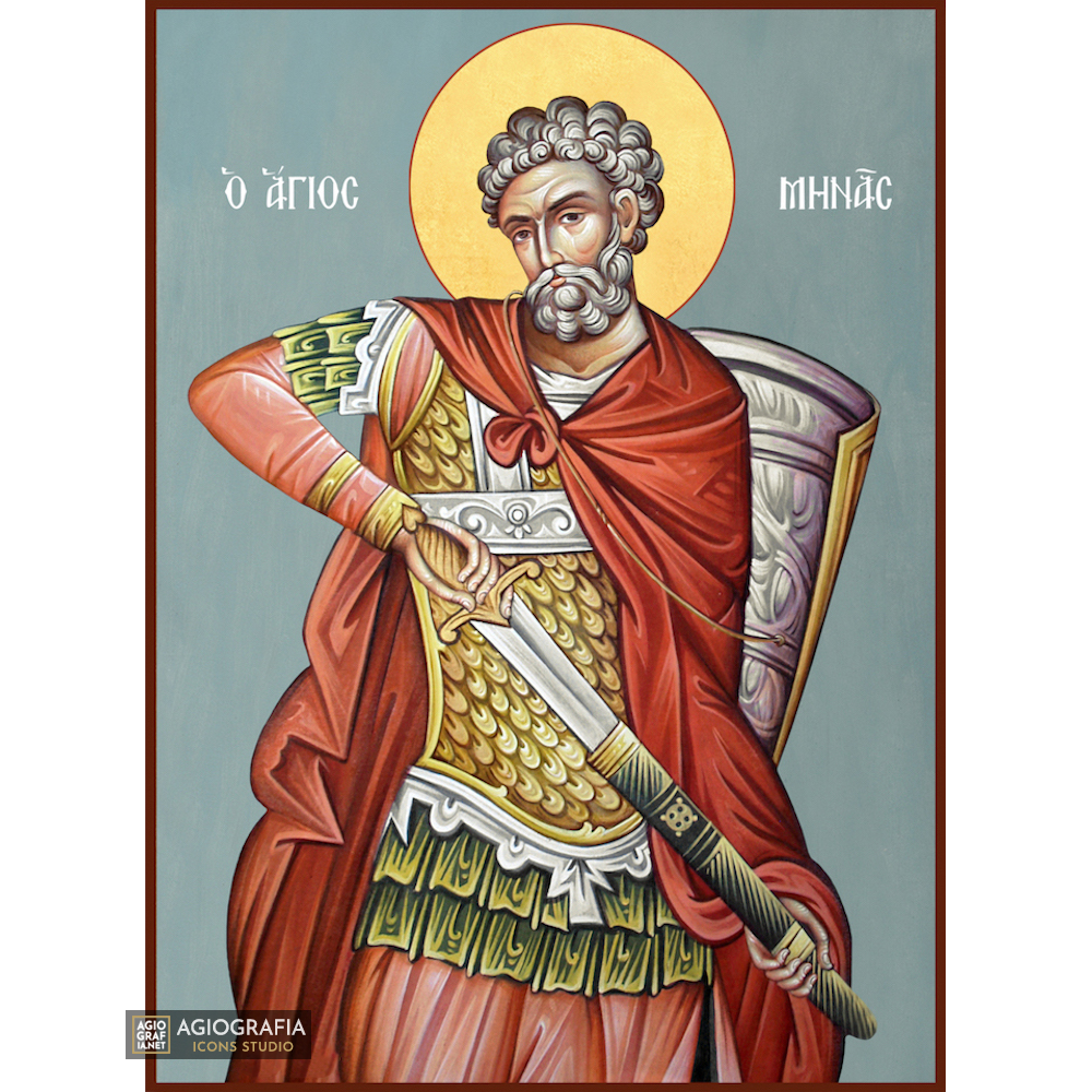 St Menas Greek Orthodox Icon with Blue Background