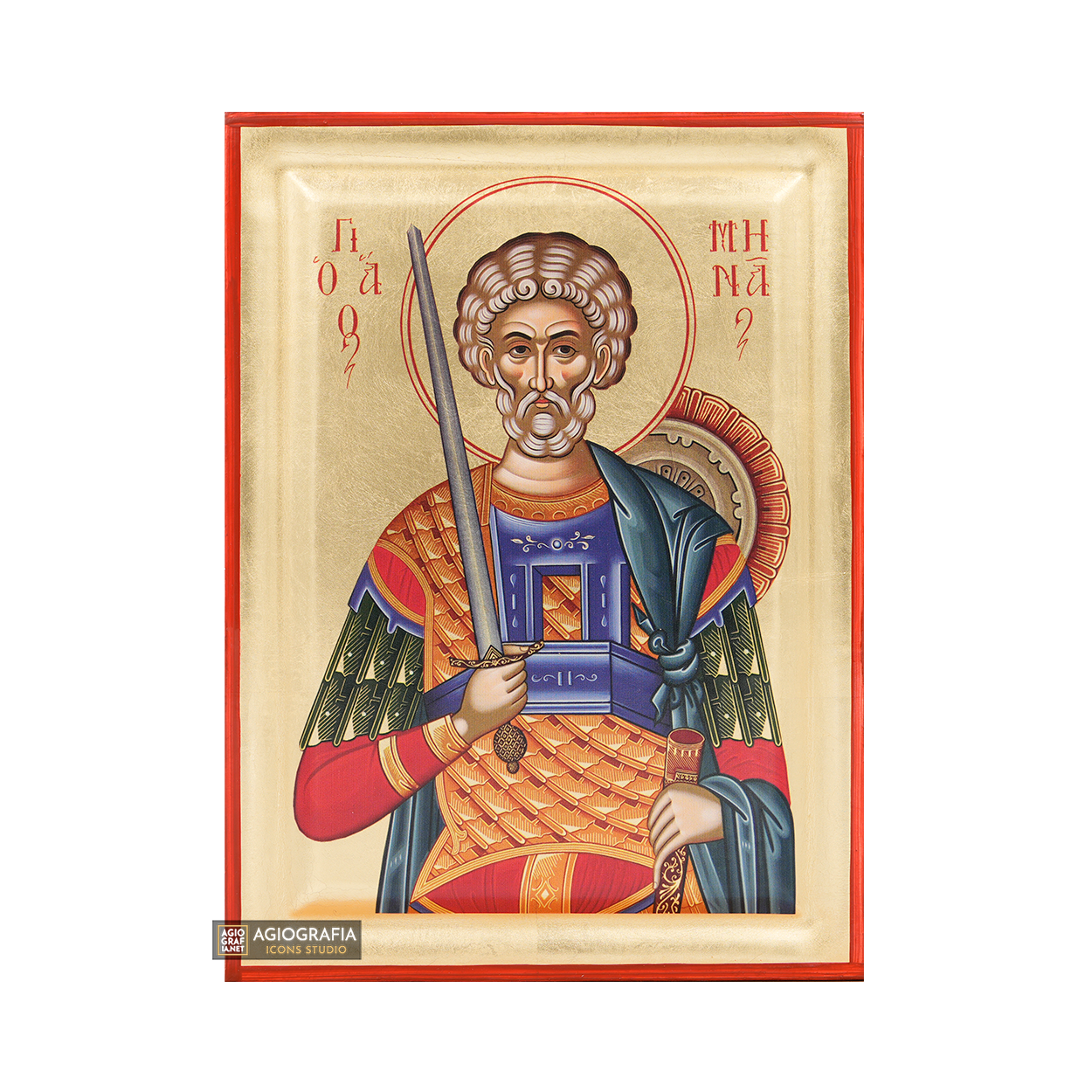 Saint Menas (Minas) Orthodox Icon with Gold Leaves