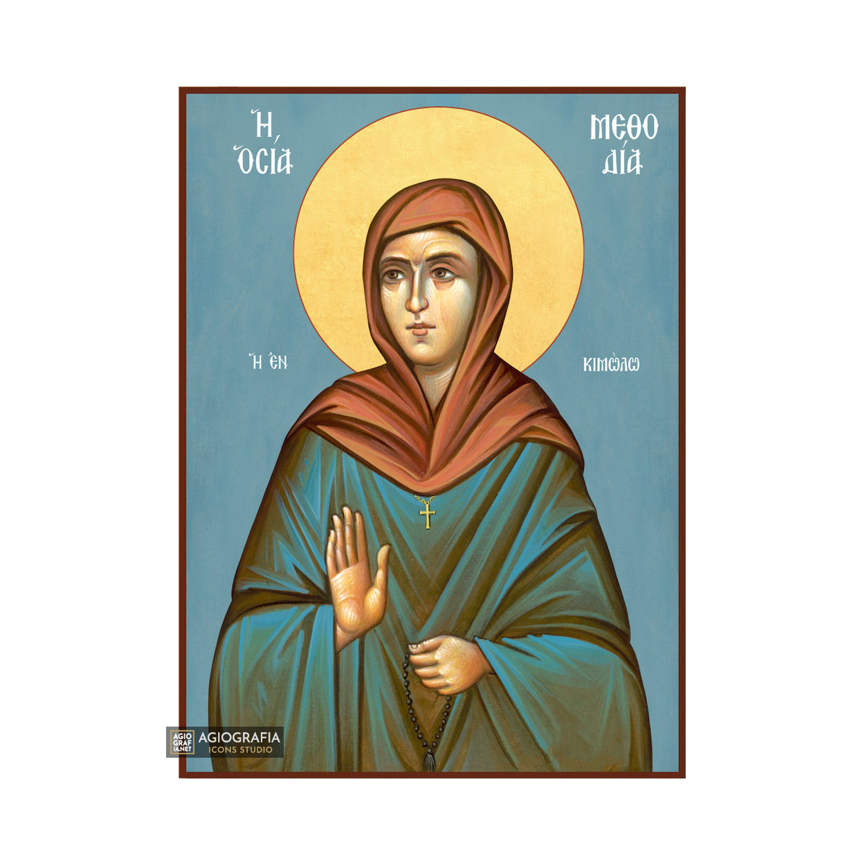 St Methodia Greek Orthodox Icon with Blue Background
