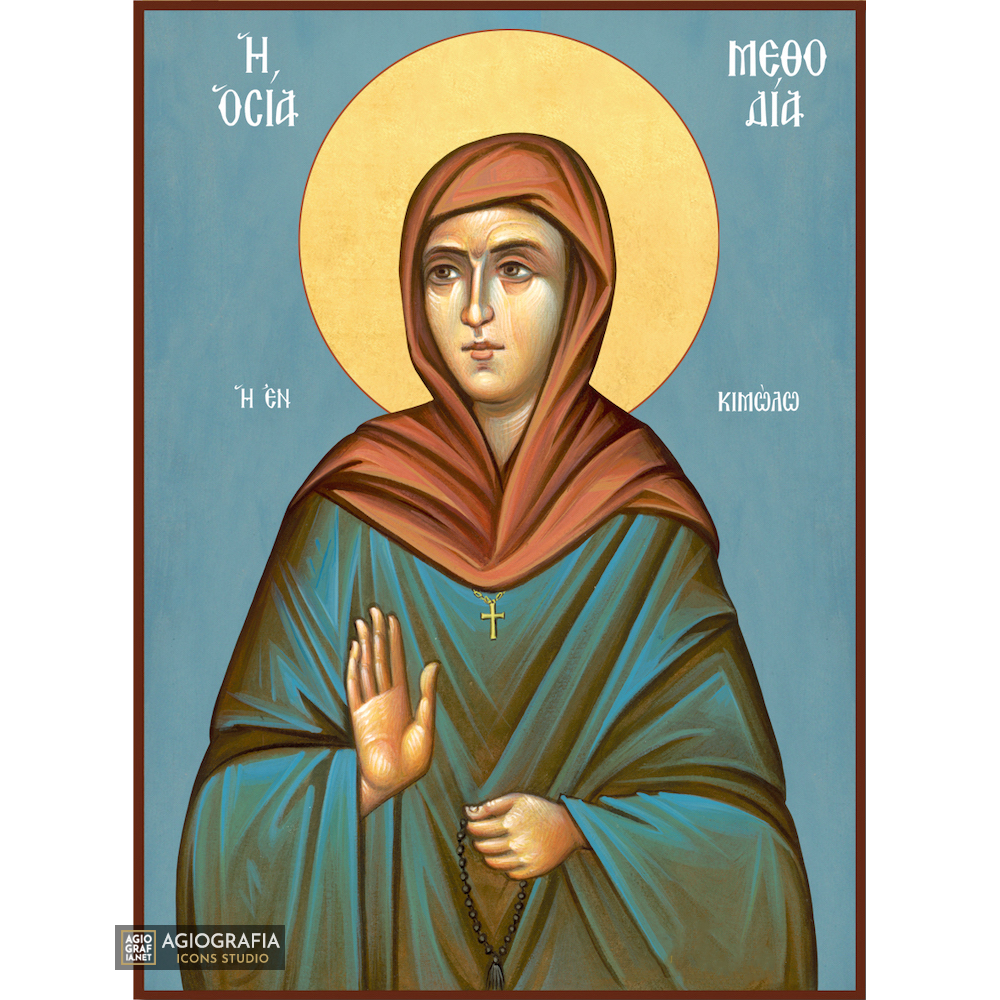 St Methodia Greek Orthodox Icon with Blue Background