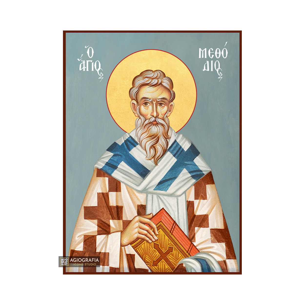 St Methodius Greek Orthodox Icon with Blue Background