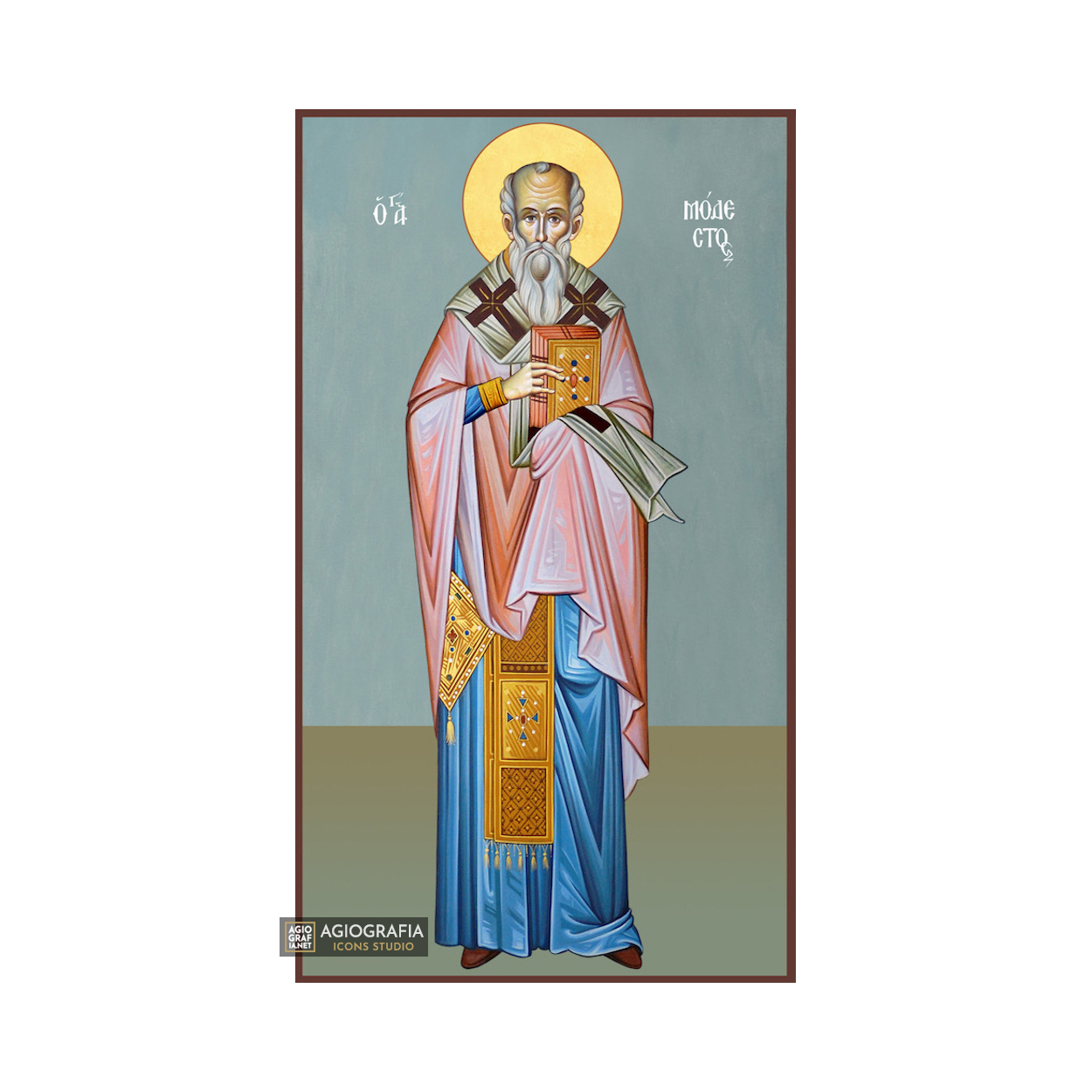 St Modestos Greek Orthodox Wood Icon with Blue Background