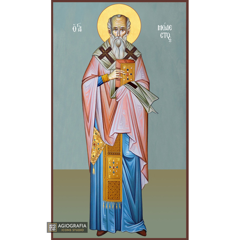St Modestos Greek Orthodox Wood Icon with Blue Background