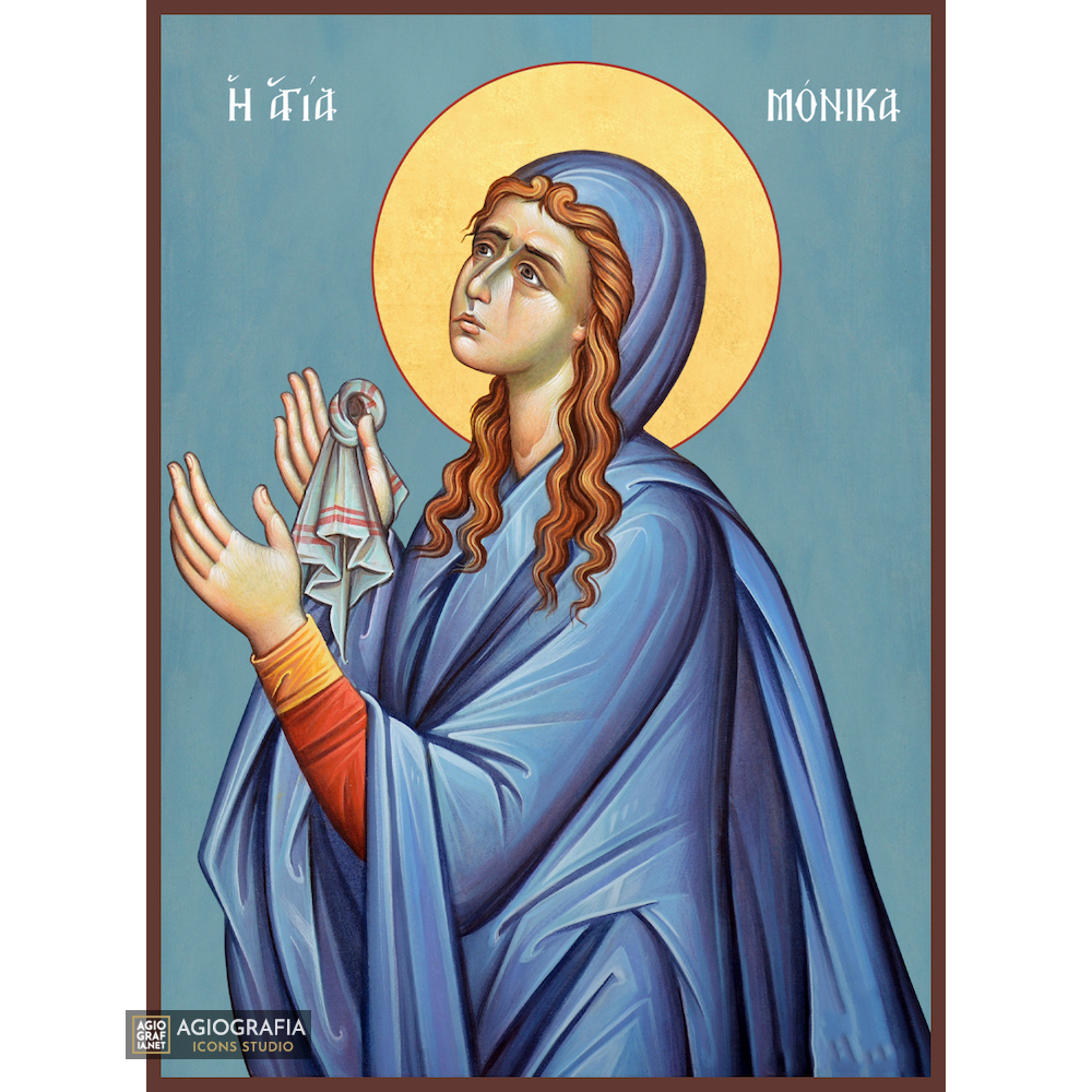 St Monica Greek Orthodox Icon with Blue Background