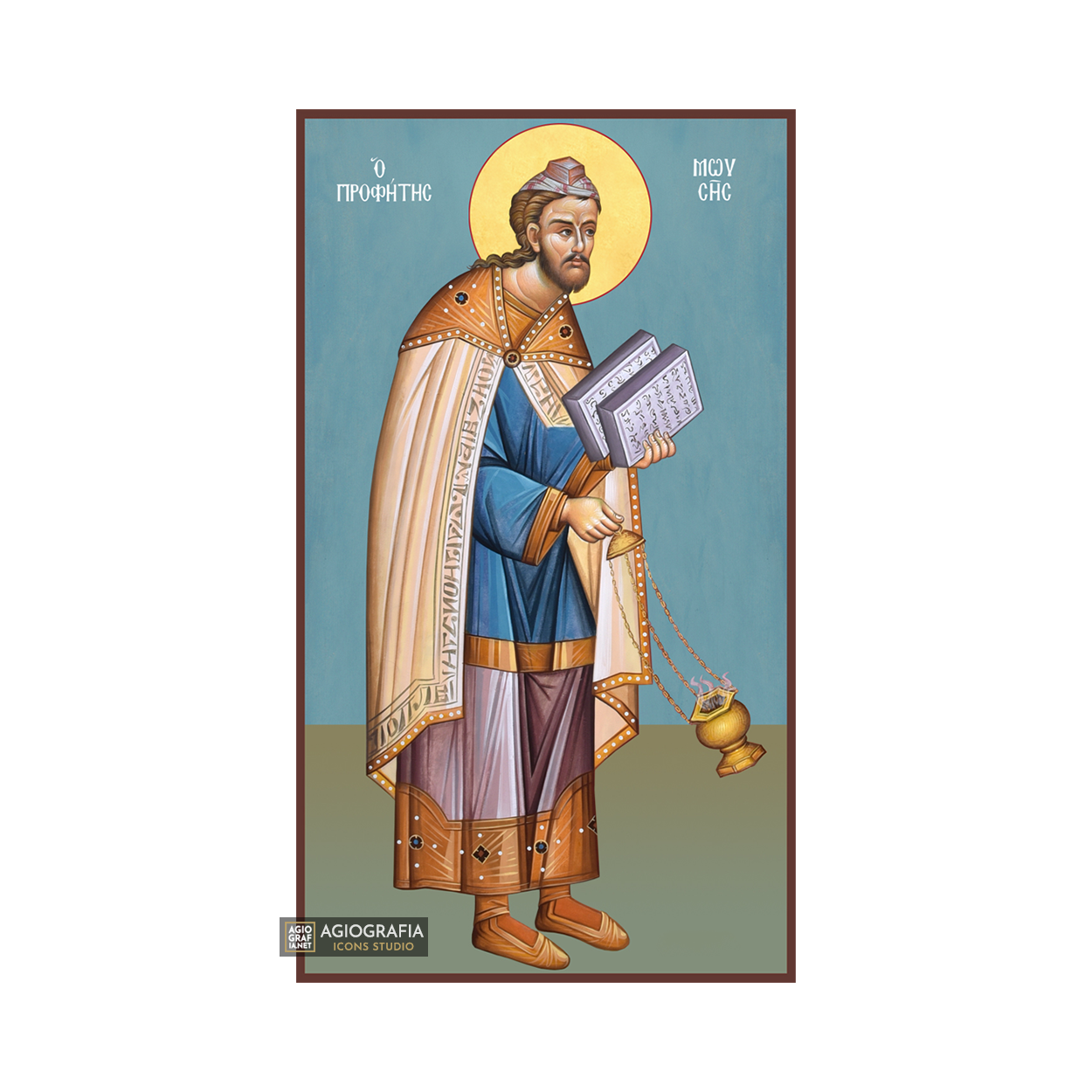 Prophet Moses Greek Orthodox Wood Icon with Blue Background